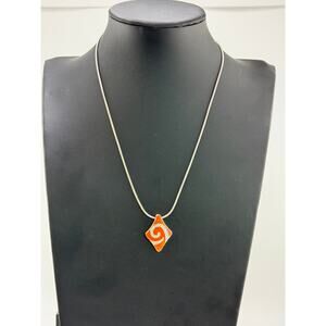 Vintage 925 Sterling Affinity Diamond 1/8ct tw Orange Enamel Pendant Necklace